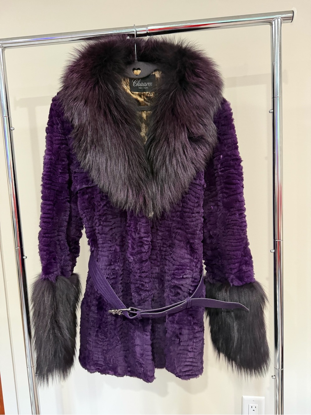 Diana Rosh for Chaarm New York Rabbit and fox fur purple coat with belt size L